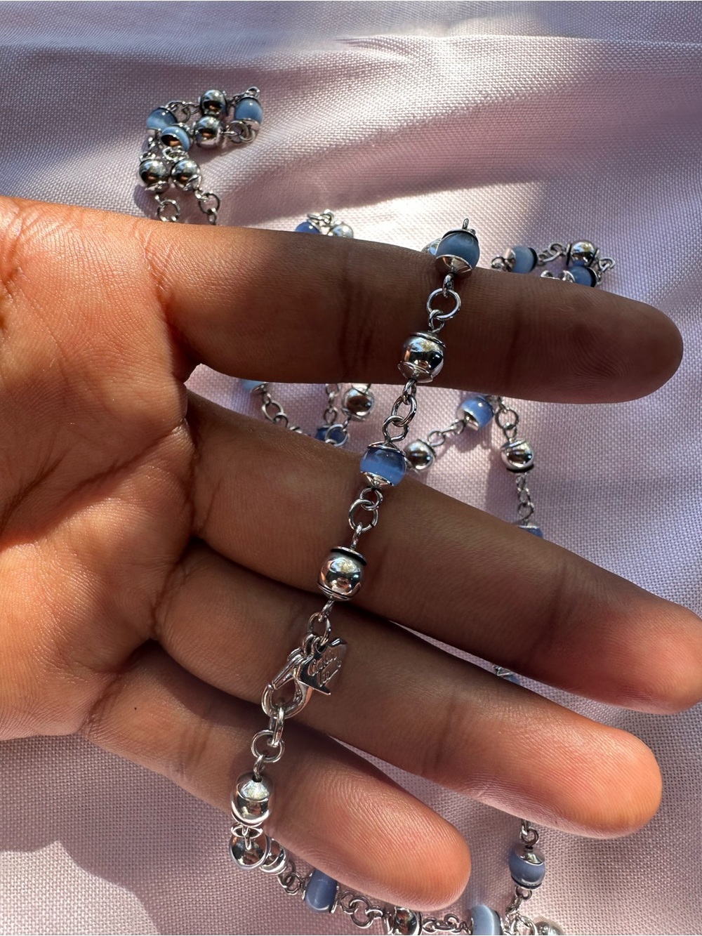 Silver Tone Blue Bead Chain Necklace